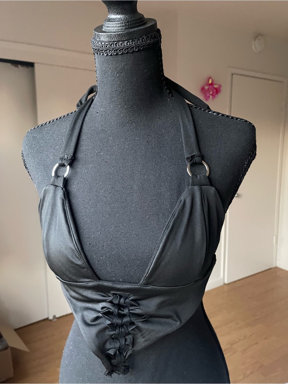 Black Halter Crop Top with Ring Detail - Women